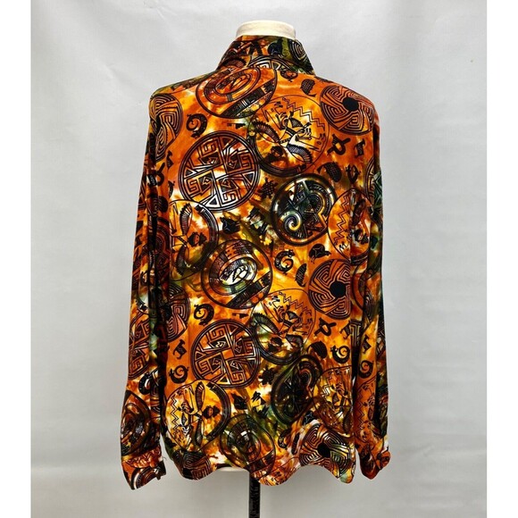 Vintage 90s Y2K Woman Blouse Medium Button Up Orange Boho Peasant Tribal Novelty - Picture 10 of 16